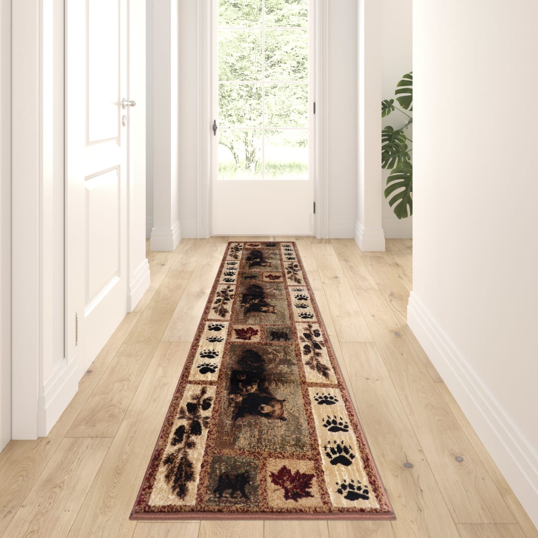 Vassa Collection 2' x 7' Mother Bear &amp; Cubs Nature Themed Olefin Area Rug with Jute Backing for Entryway, Living Room, Bedroom