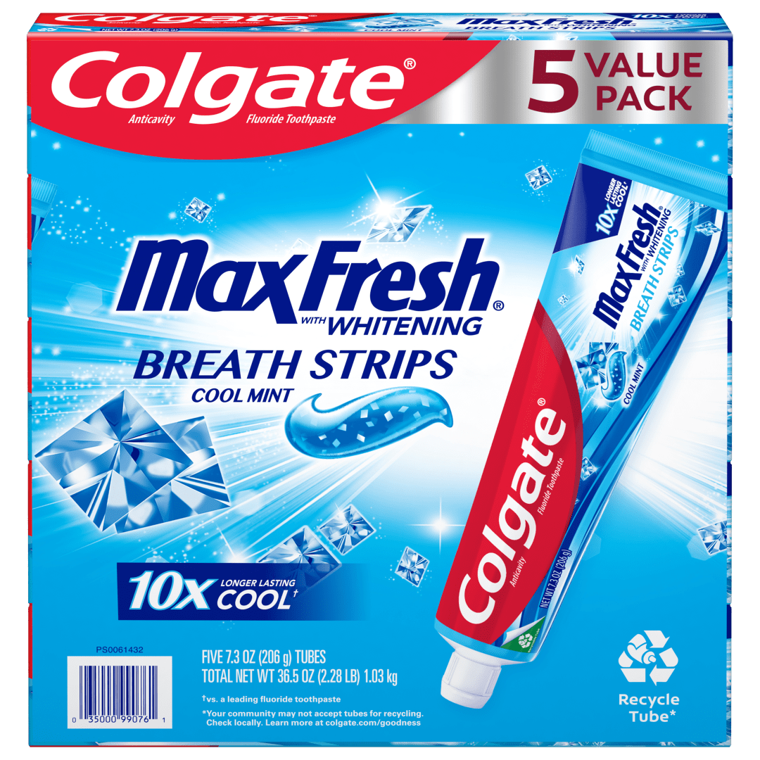 Colgate Max Fresh Toothpaste with Mini Breath Strips, Cool Mint, 7.3oz, 5 Pack