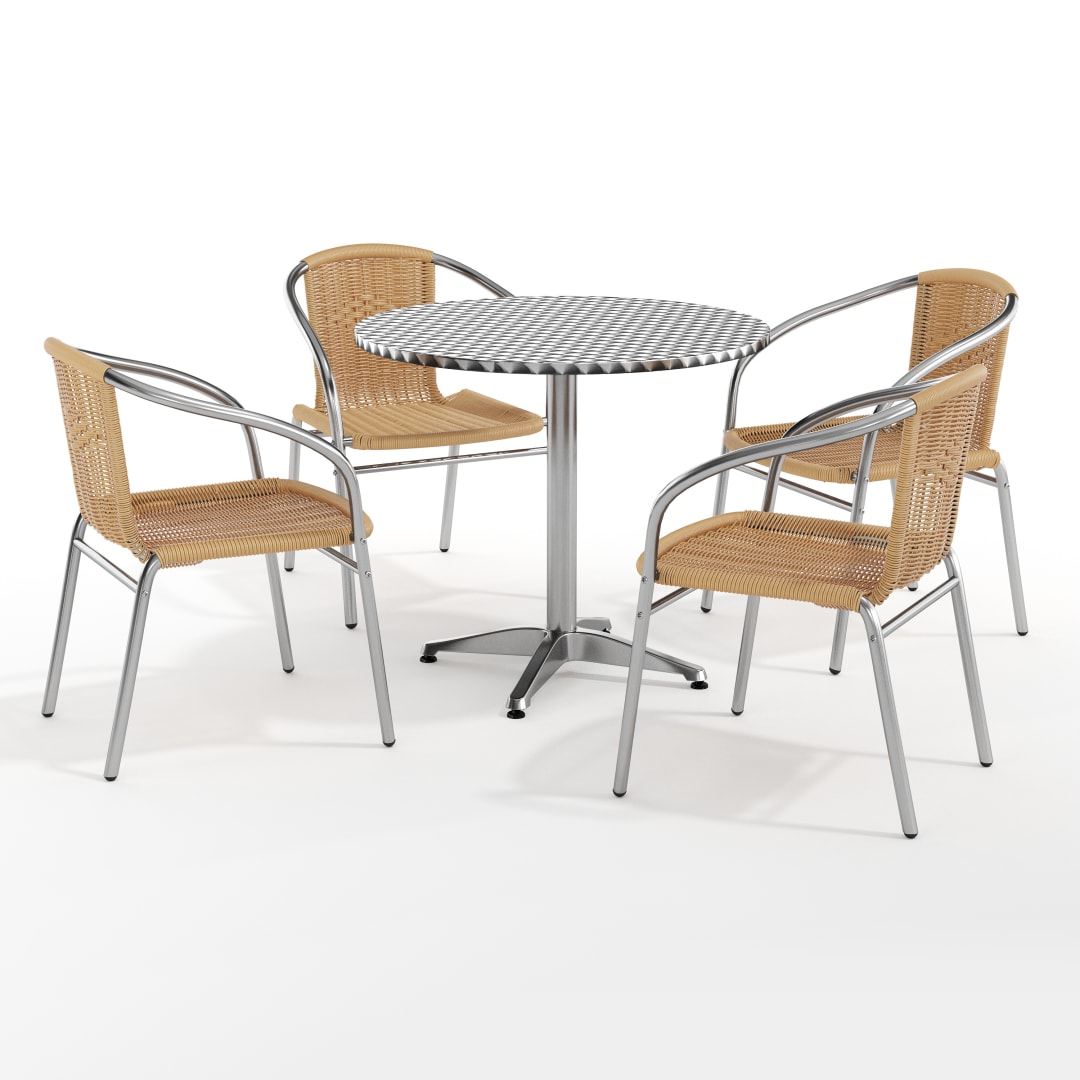 Lila 31.5'' Round Aluminum Indoor-Outdoor Table Set with 4 Beige Rattan Chairs