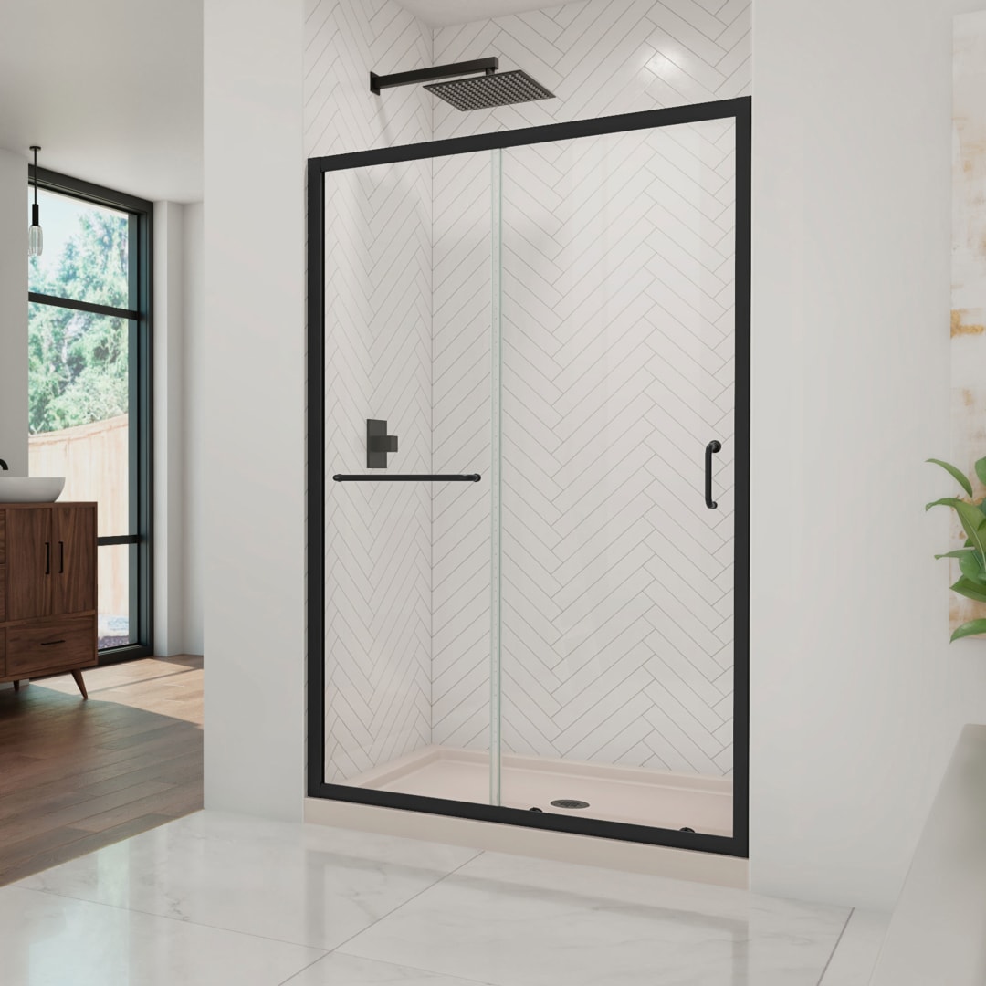 DreamLine Infinity-Z 36 inch D x 48 inch W x 74 3/4 inch H Semi-Frameless Sliding Clear Shower Door in Matte Black with Center Drain Biscuit Shower Base Kit