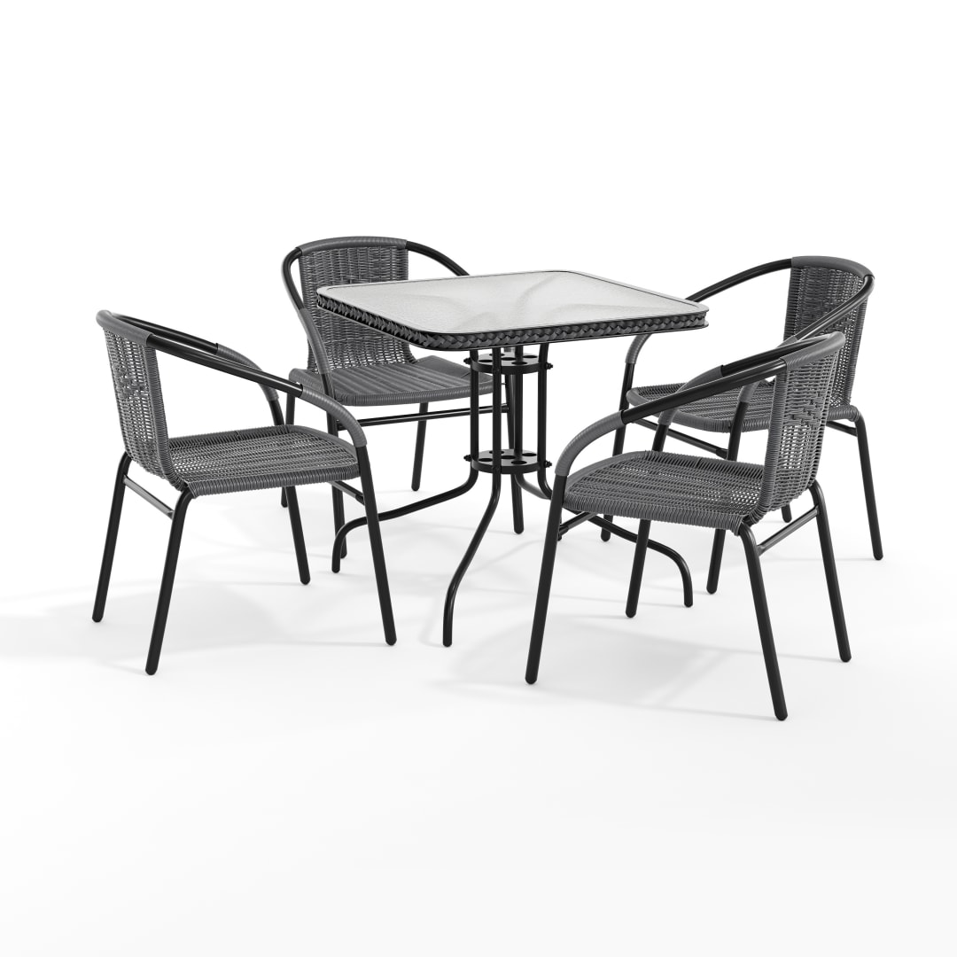 Lila 28'' Square Glass Metal Table with Gray Rattan Edging and 4 Gray Rattan Stack Chairs