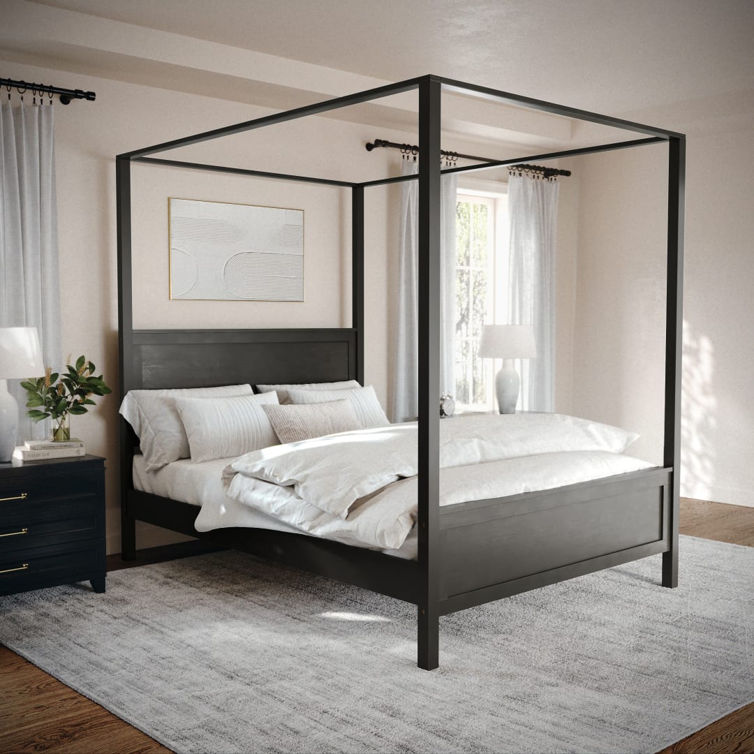 Hayes Queen Size Solid Wood Canopy Platform Bed with Wood Headboard and Footboard, No Box Spring Needed, Dark Gray