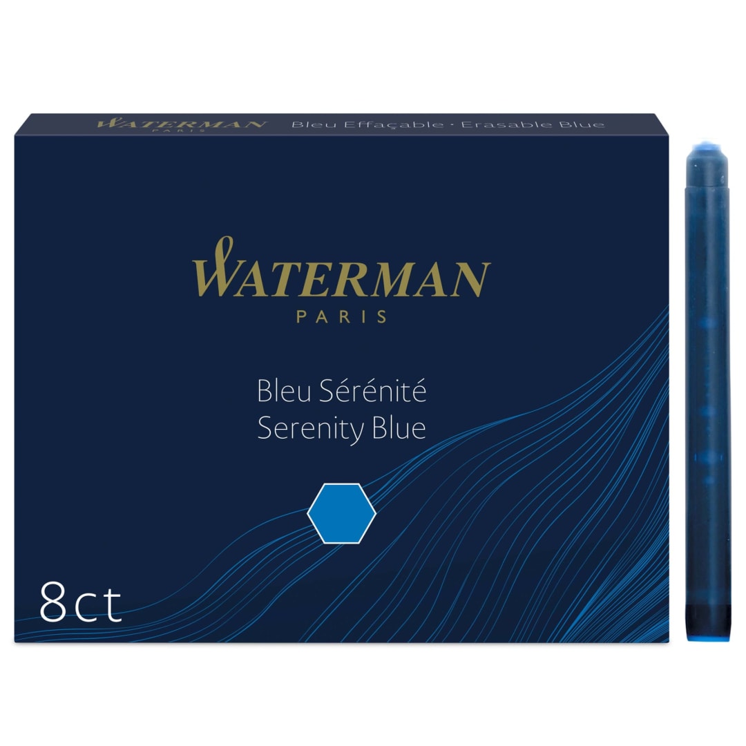 Waterman Fountain Pen Refill Ink Cartridges | Long Standard | Serenity Blue | 8 Count
