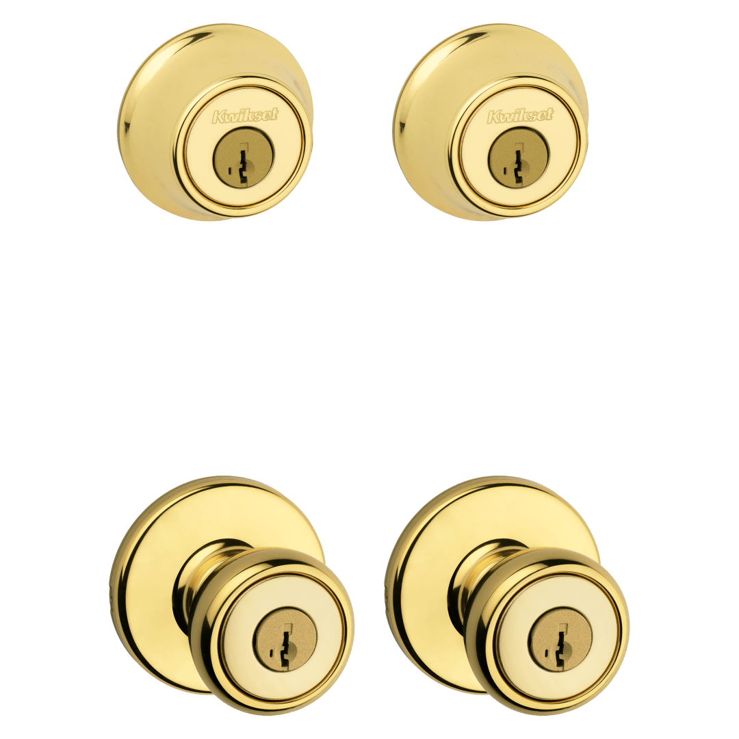 242 Tylo Keyed Entry Knob and Single Cylinder Deadbolt Project Pack featuring SmartKey Security™ in Polished Brass