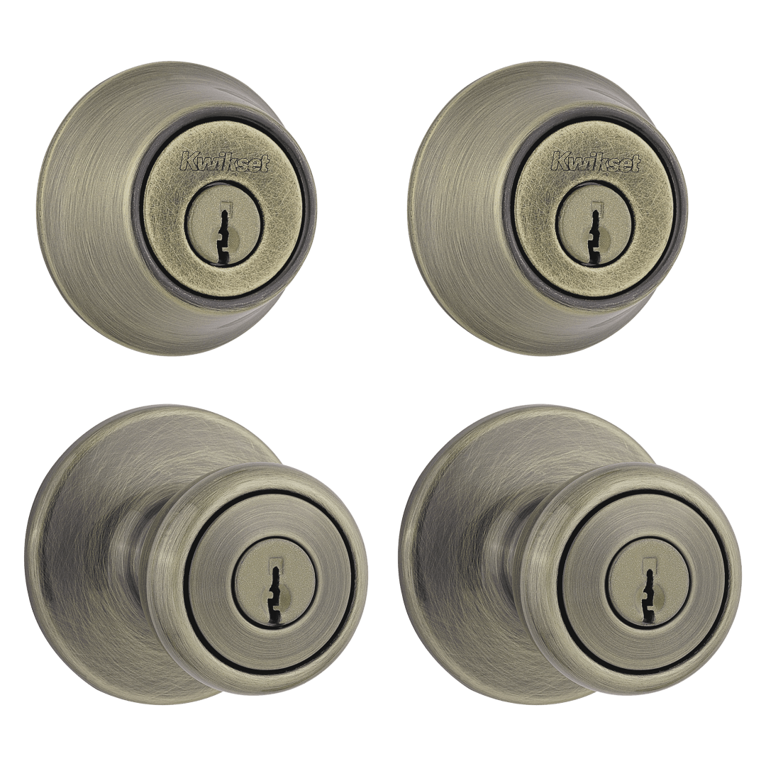242 Tylo Keyed Entry Knob and Single Cylinder Deadbolt Project Pack in Antique Brass