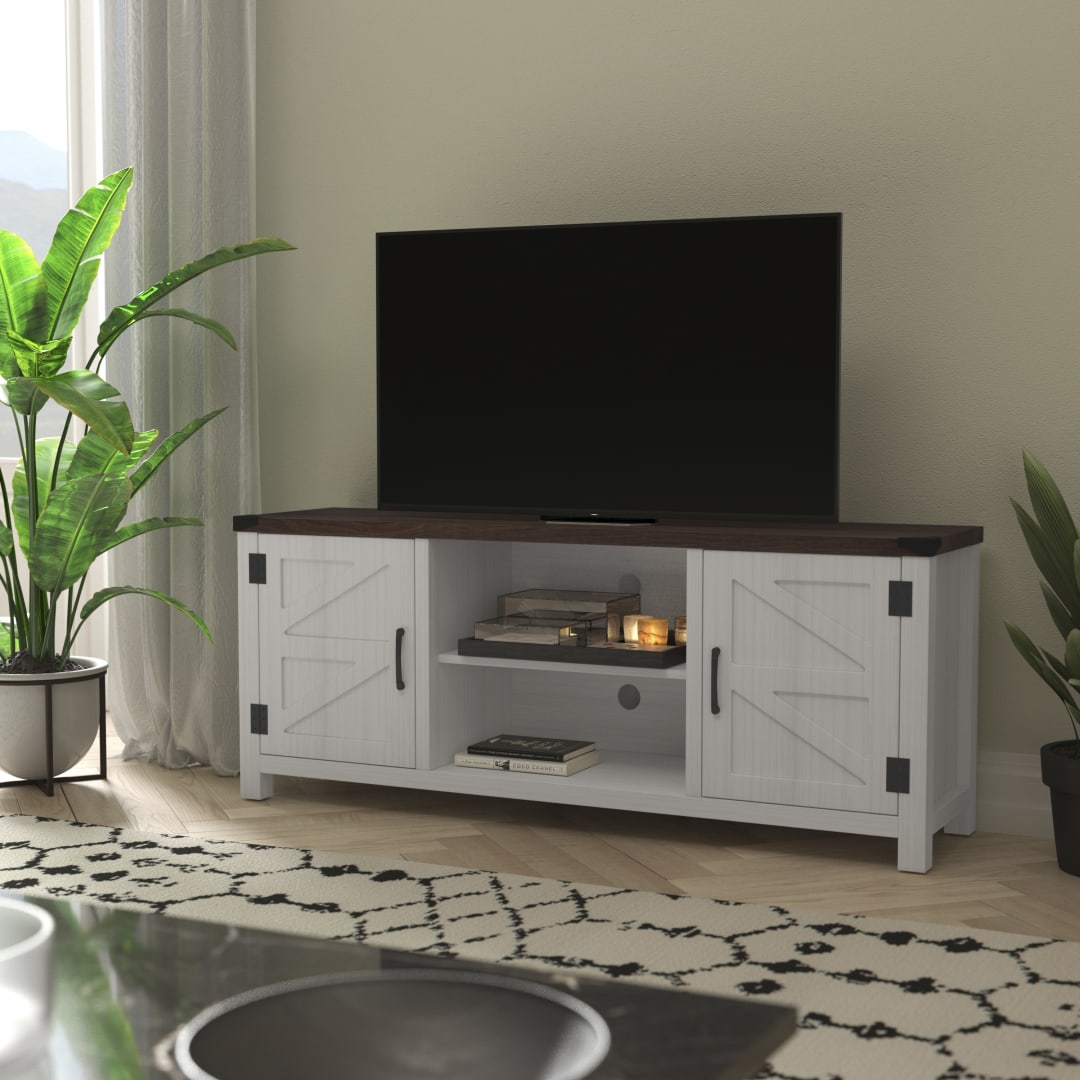 Charlotte Modern Farmhouse Barn Door TV Stand in White for TV's up to 65 Inches - 59 Inch Entertainment Center with Adjustable Shelf