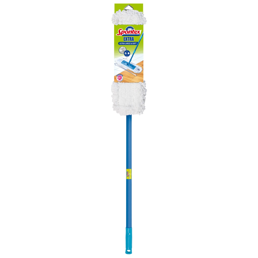 Spontex Fregona Extra Flat | Mopa versátil de microfibras para superficies secas y húmedas | Longitud ajustable (80-140 cm) | Limpia suelos laminados, de madera y baldosas | 2 recambios