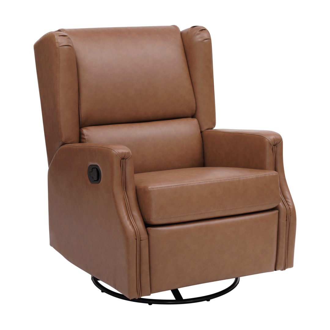 Omma Swivel Glider Rocker Recliner Chair, Manual 360 Degree Swivel Wingback Recliner Perfect for Living Room, Bedroom, or Nursery in Cognac PU