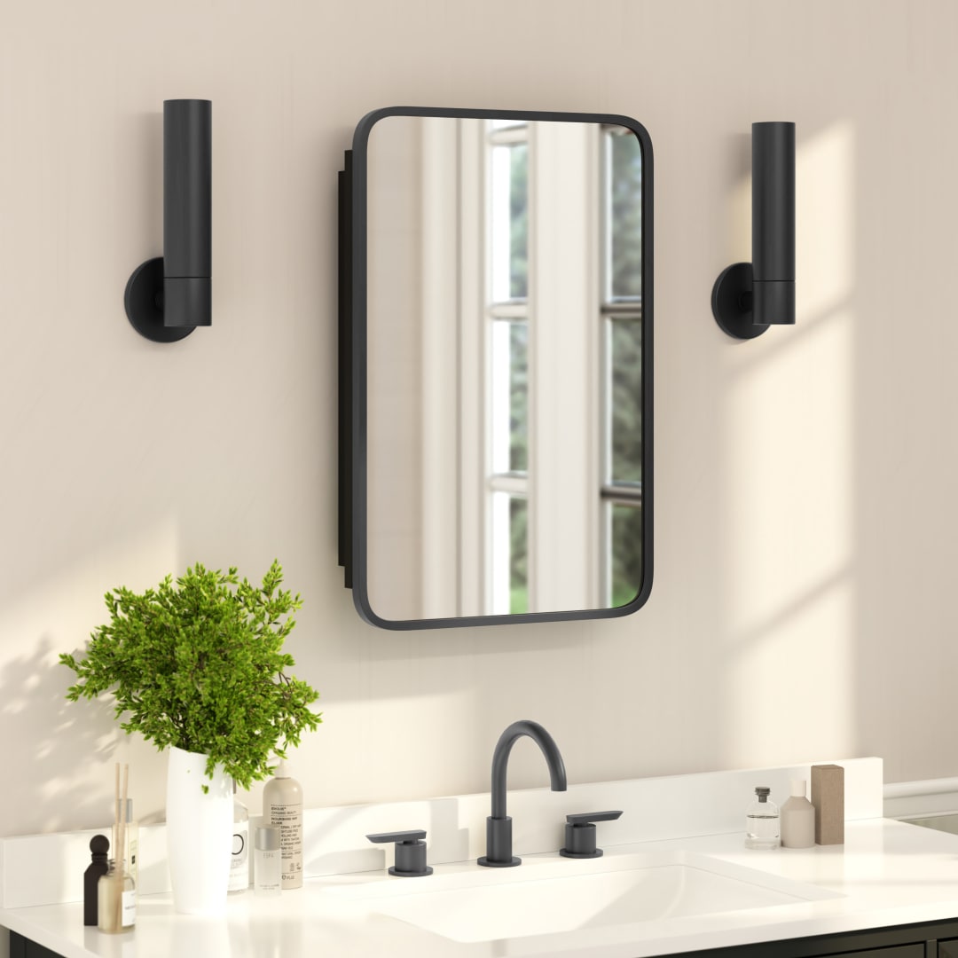 Jolie 16" x 24" Recessed Bathroom Medicine Cabinet with Rounded Beveled Mirror and Reversible Metal Frame in Black