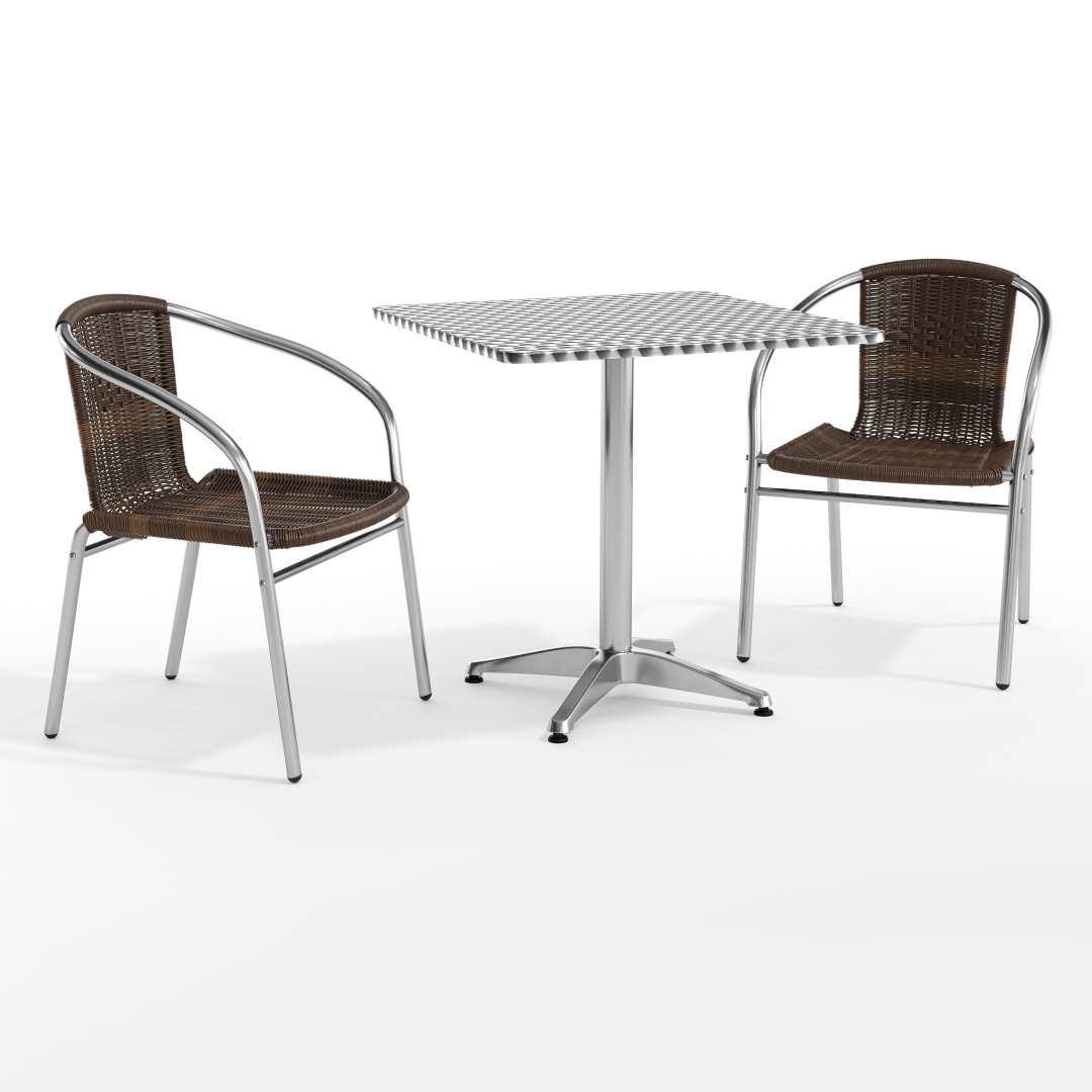 Lila 27.5'' Square Aluminum Indoor-Outdoor Table Set with 2 Dark Brown Rattan Chairs