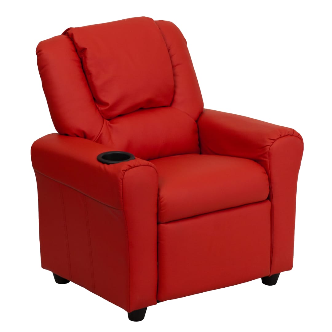 Vana Contemporary Red Vinyl Kids Recliner with Cup Holder and Headrest