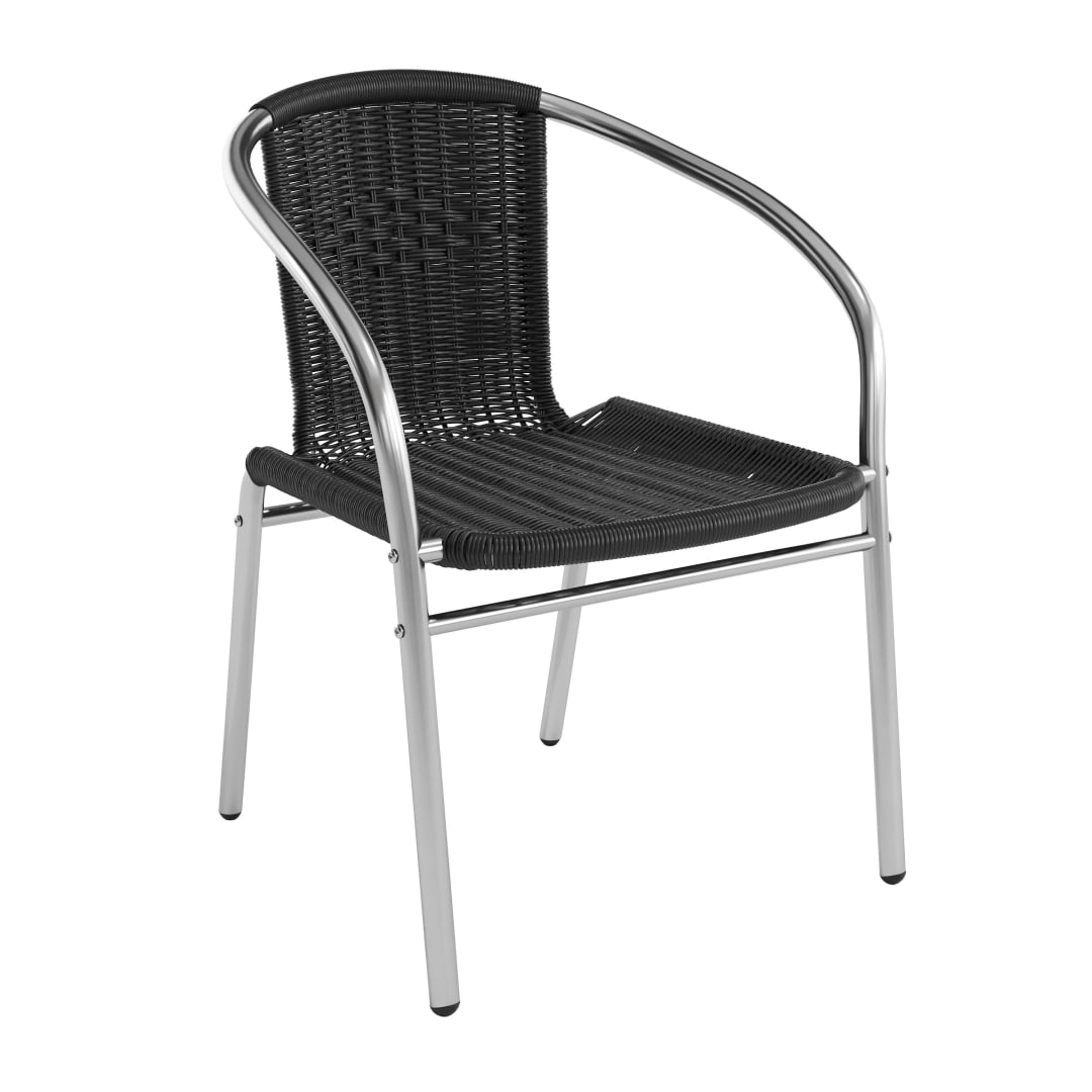 Lila Commercial Aluminum and Black Rattan Indoor-Outdoor Restaurant Stack Chair