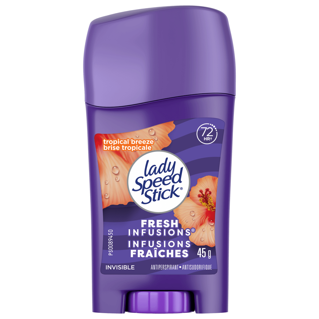 Déodorant antisudorifique Lady Speed Stick Fresh Infusions pour femmes, protection de 72 heures contre les odeurs et la transpiration, Invisible Dry, parfum Brise tropicale, bâton de 45 g