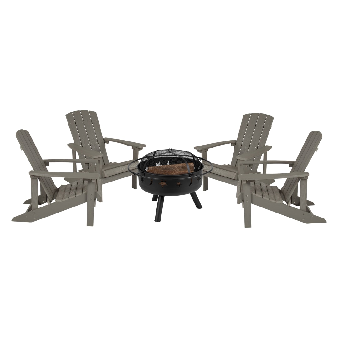 5 Piece Charlestown Commercial Gray Poly Resin Wood Adirondack Chair Set with Fire Pit - Star and Moon Fire Pit with Mesh Cover