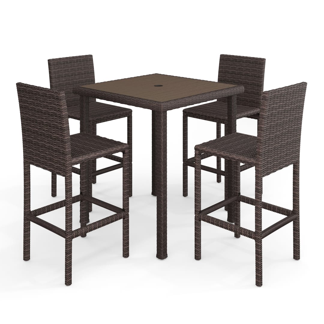Bedford 5-Piece Indoor-Outdoor Bar Set with 4 Patio Bar Stools and Bar Height Table with Engineered Wood Top in Brown Rattan Wicker