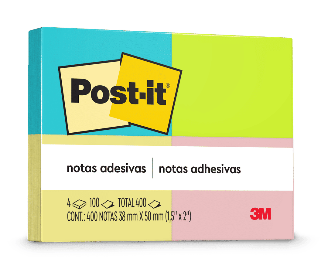 Bloco de Notas Adesivas Post-it®, Neon, 4 cores, 38 mm x 50 mm, 4 Blocos, 100 Folhas/ 1 Bloco