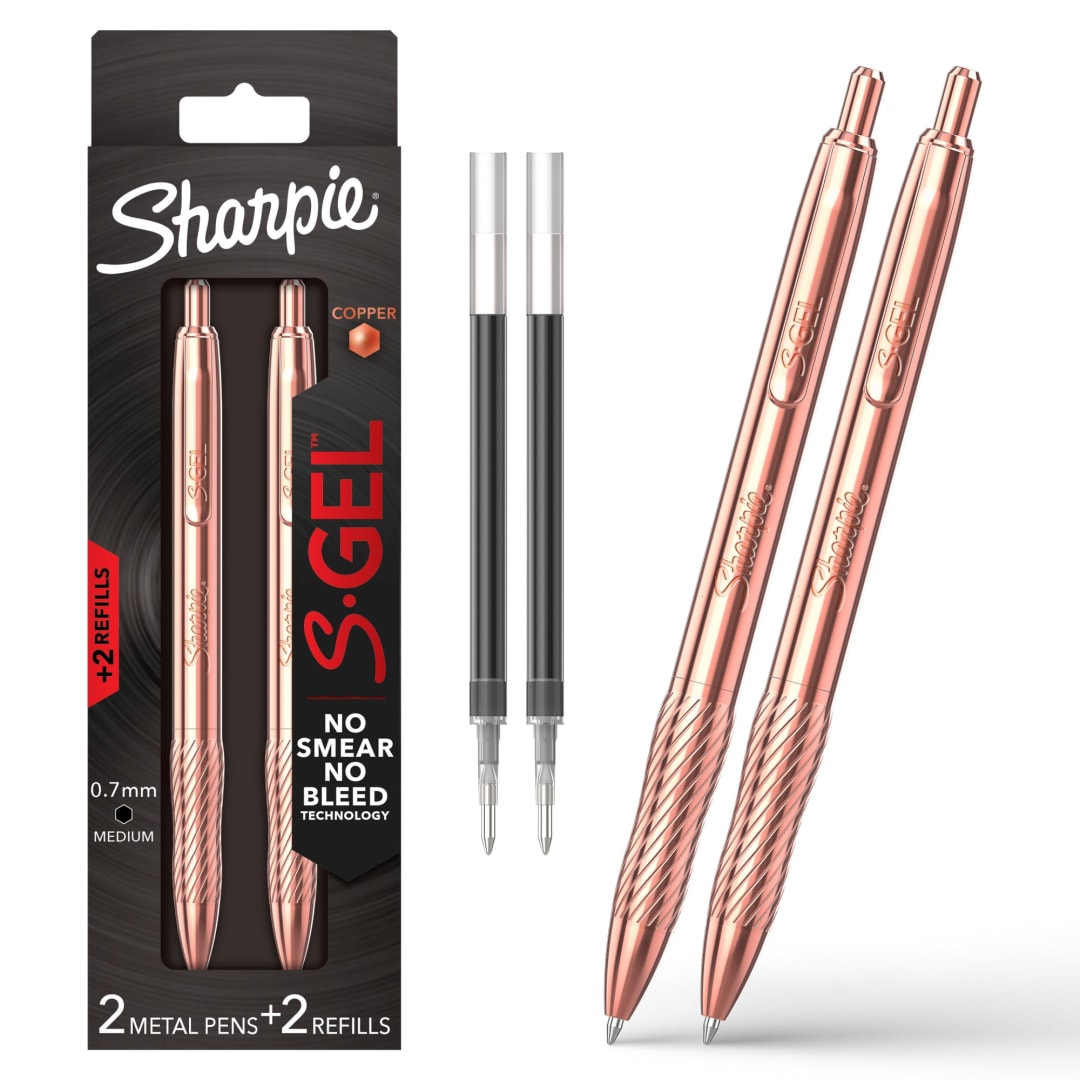 Sharpie® S-Gel, Gel Pen, Copper Metal Body, Medium Point (0.7mm), Black Ink, Includes 2 Pens and 2 Additional Ink Refills