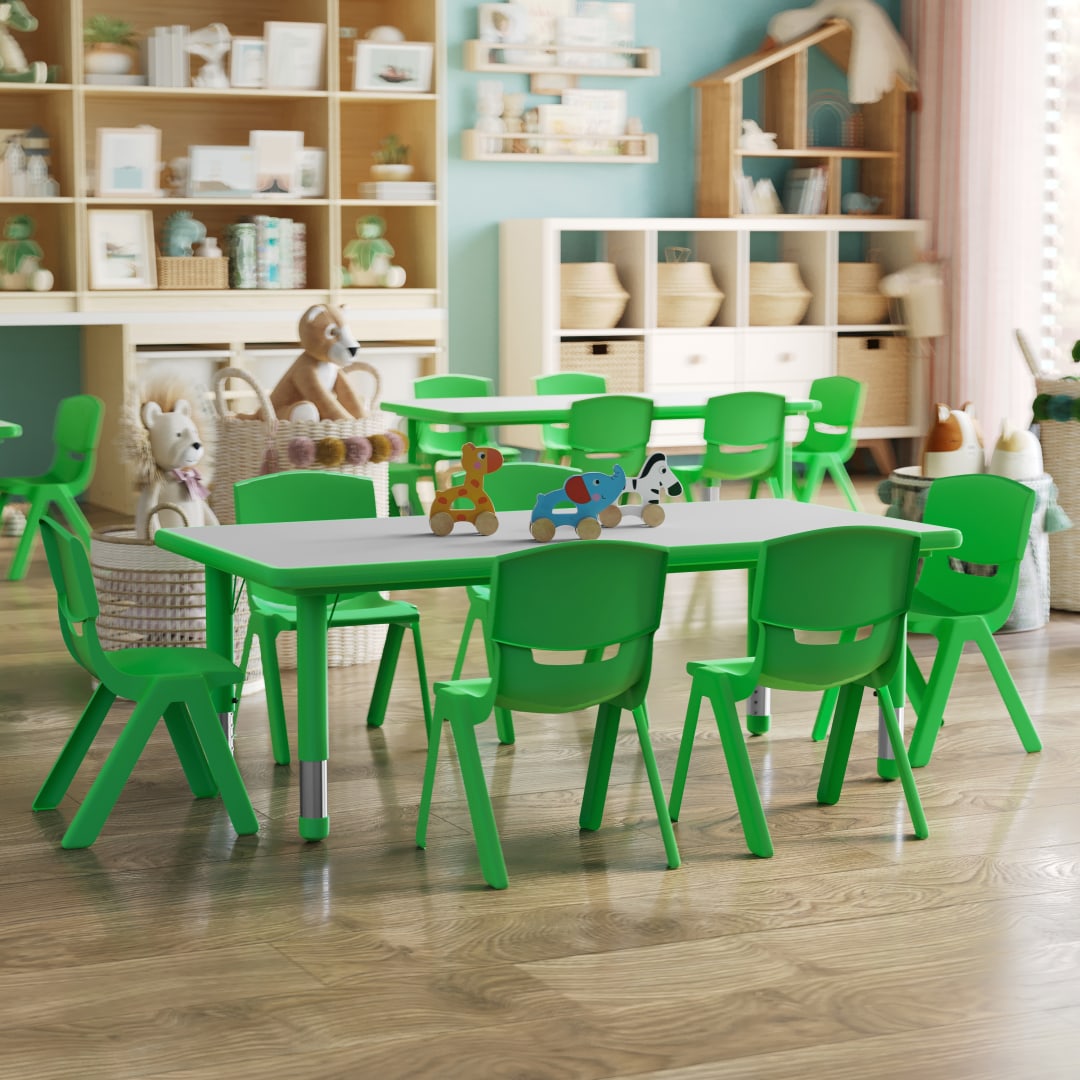Emmy Adjustable Kids Activity Table Set – 23.6" x 47.25" Green/Gray Plastic Table with 6 Green Chairs – Classroom &amp; Daycare Table for Toddlers &amp; Kids