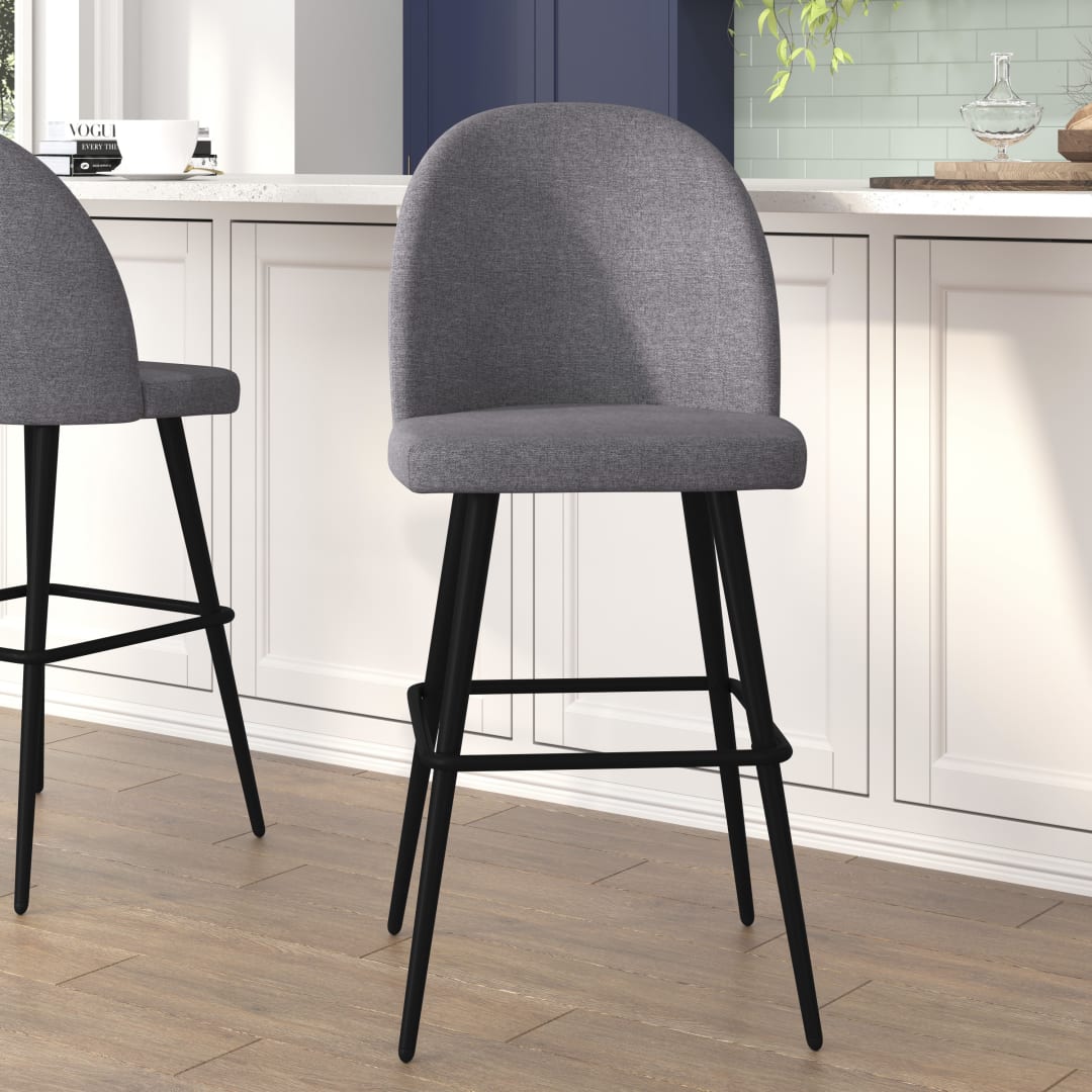 Lyla 30" Commercial Grade High Back Modern Armless Barstools with Contoured Backrest, Steel Frame and Integrated Footrest, Gray Faux Linen-Set of 2