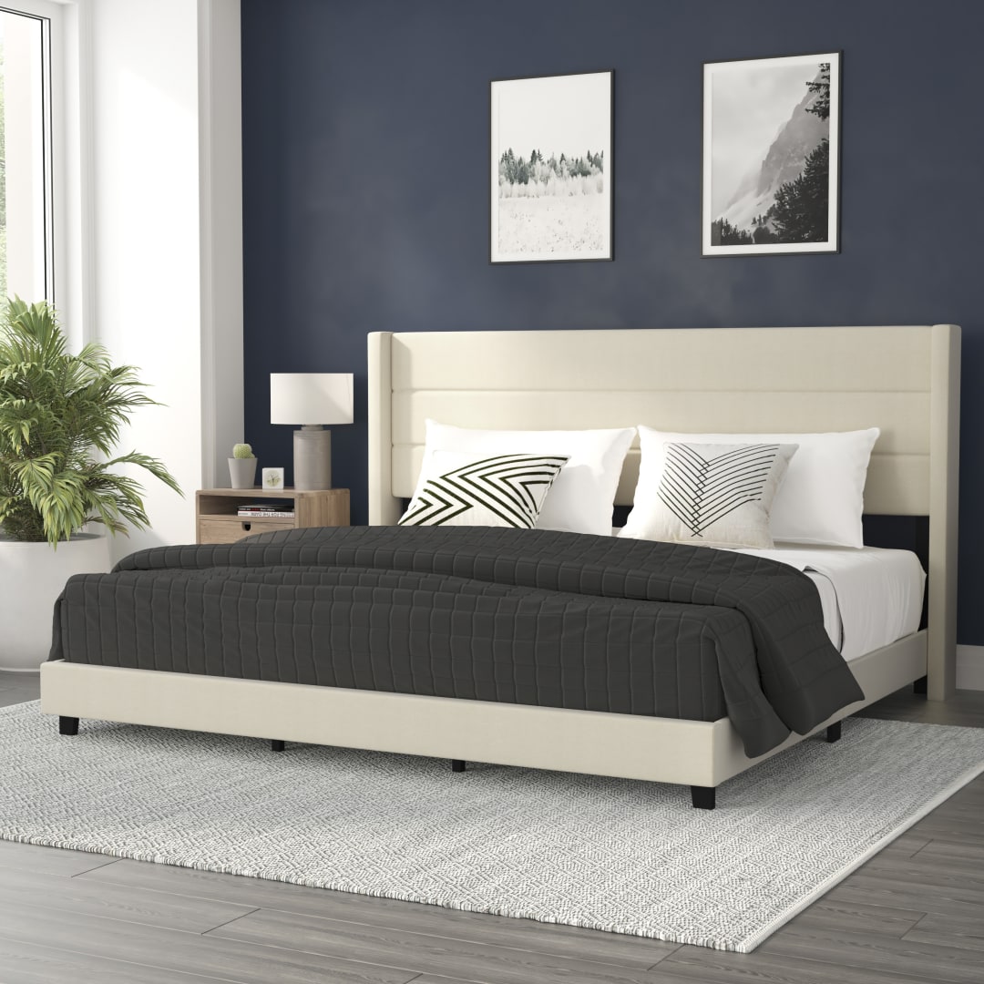 Hollis King Upholstered Platform Bed with Wingback Headboard, Mattress Foundation with Slatted Supports, No Box Spring Needed, Beige Faux Linen