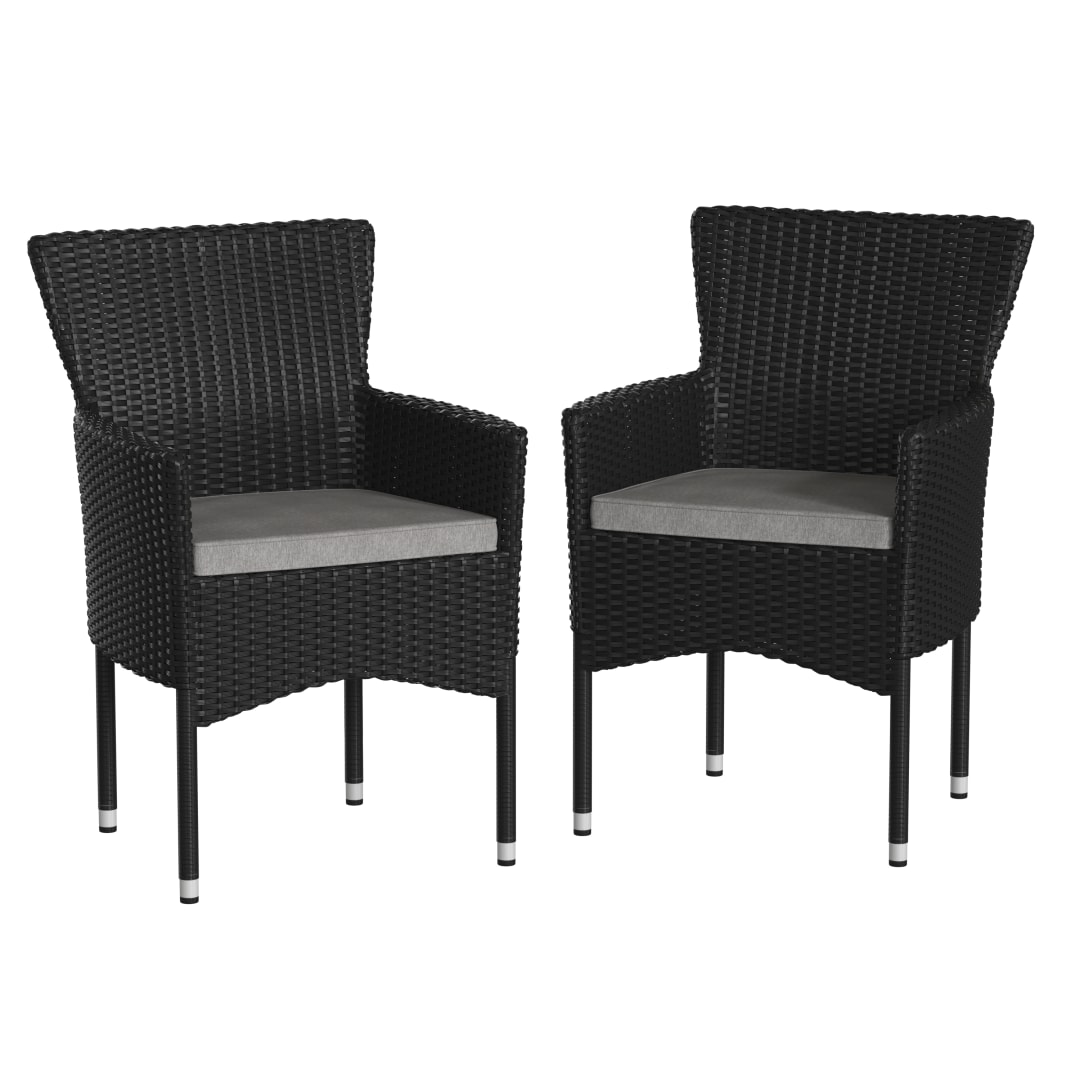 Maxim Modern Black Wicker Patio Armchairs for Deck or Backyard, Fade and Weather-Resistant Frames and Gray Cushions-Set of 2