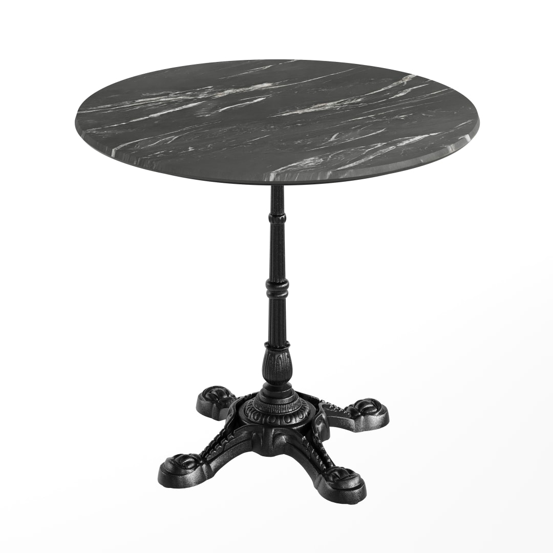 TopGuard 31.25" Round Indoor Outdoor Tabletop in Black Faux Marble with Seamless Surface Technology and 22.75" x 22.75" Black Cast Iron Bistro Table Base