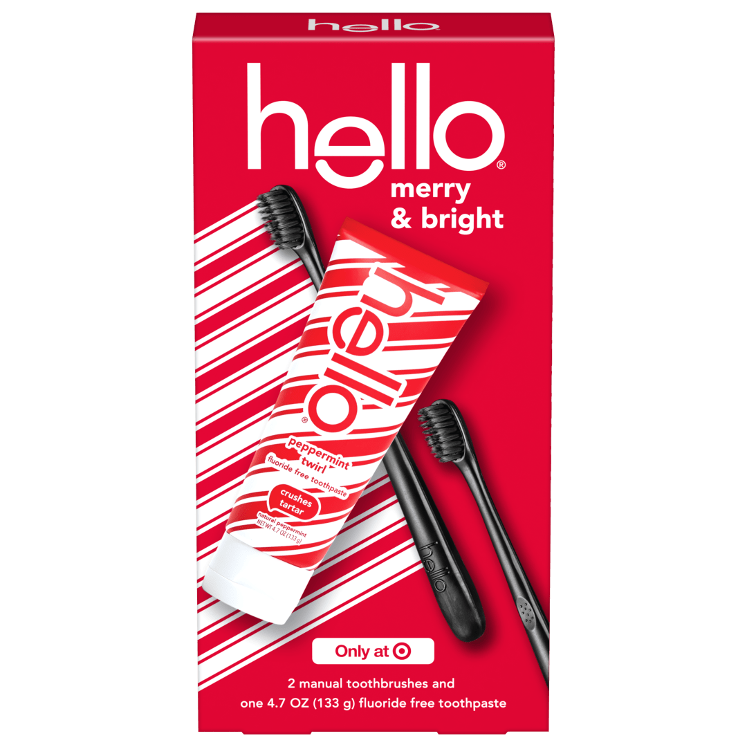 hello Merry and Bright Toothpaste and Toothbrush Stocking Stuffers Gift Set, Peppermint Twirl
