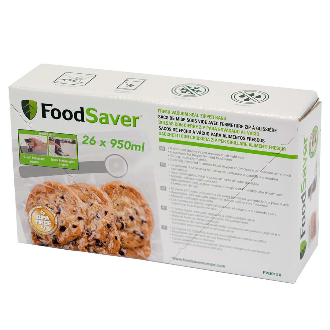 FoodSaver bolsas de envasado al vacío reutilizables con cremallera | 950 ml | Para envasadoras al vacío de alimentos FoodSaver | Sin BPA | 26 unidades
