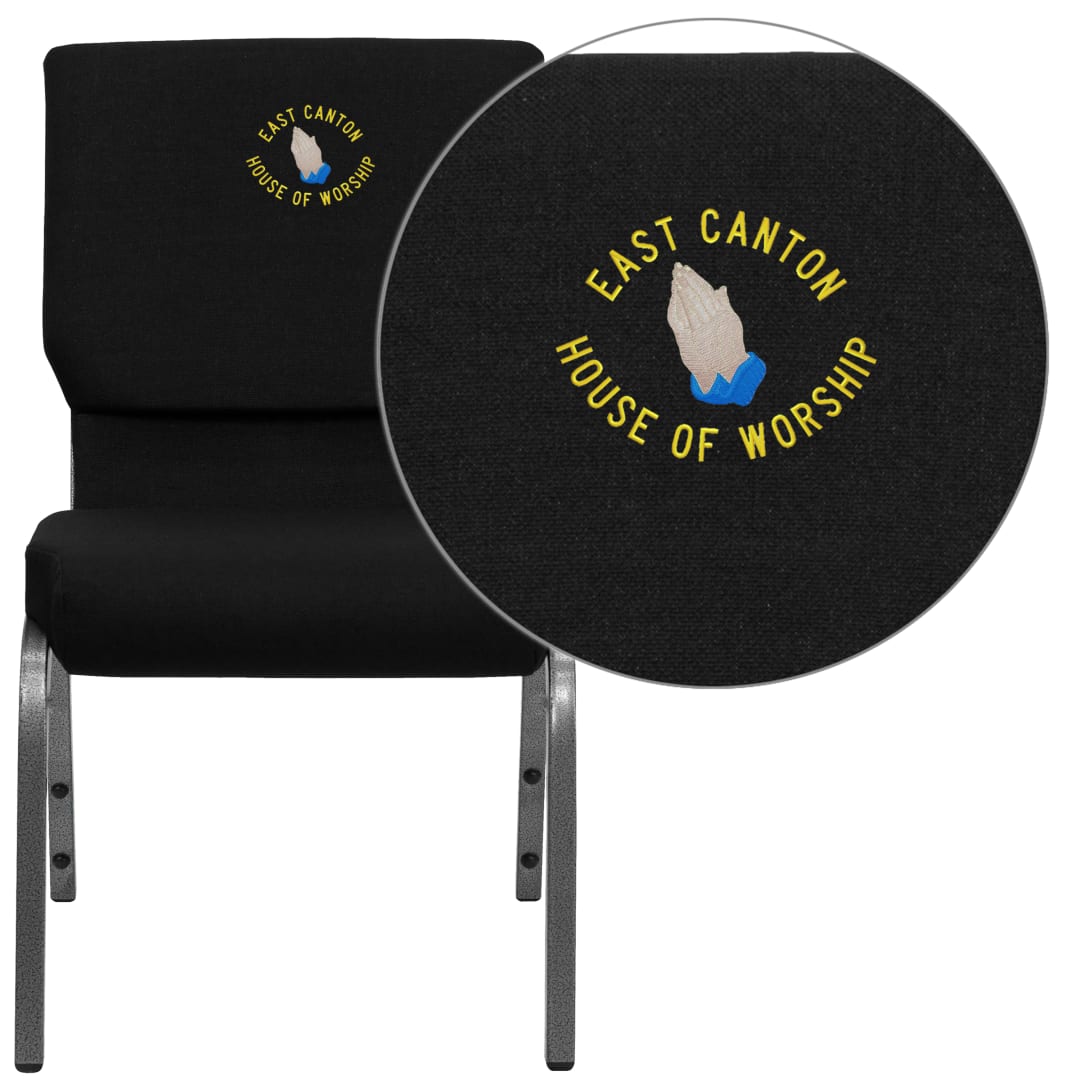 Embroidered HERCULES Series 18.5''W Stacking Church Chair in Black Fabric - Silver Vein Frame