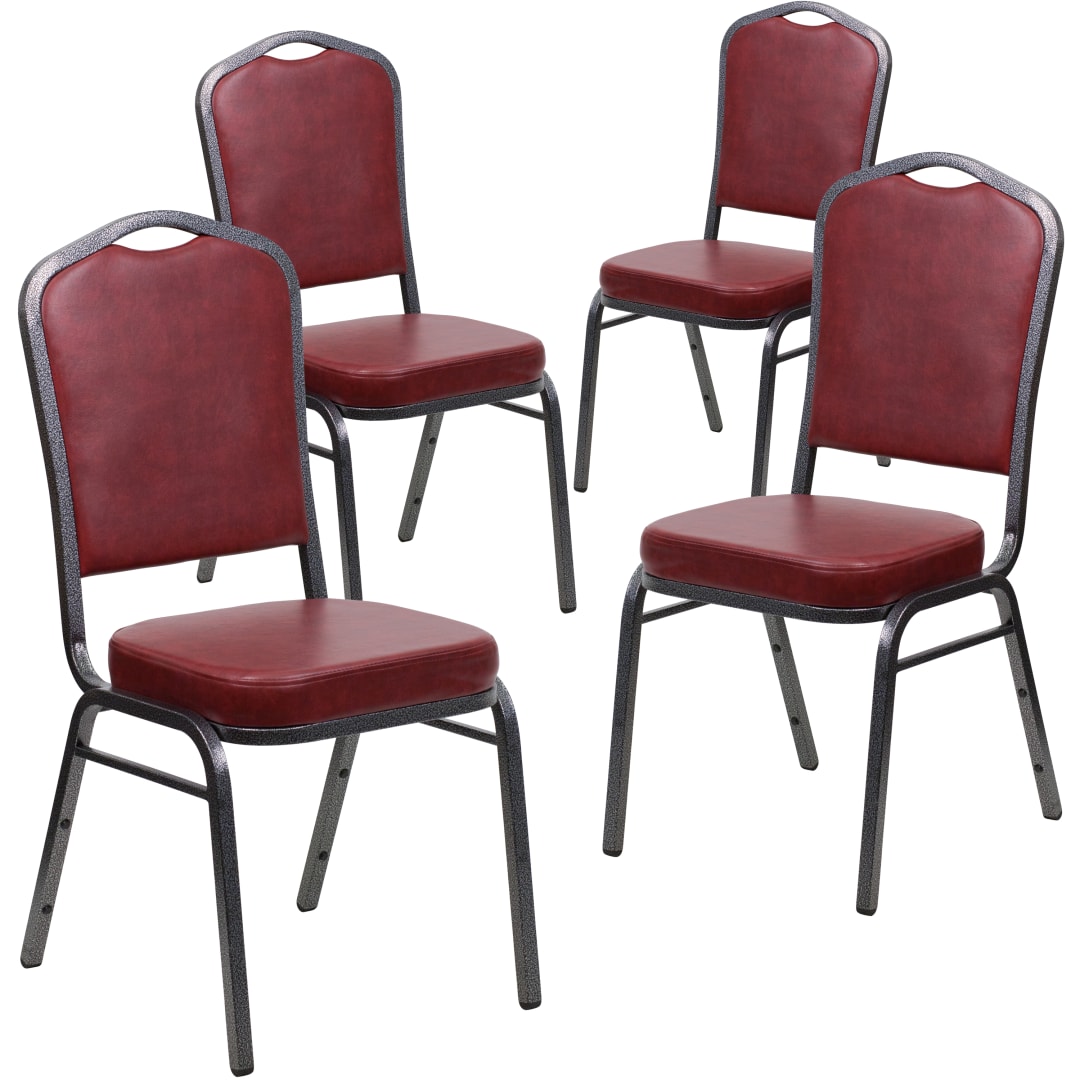 4 Pack HERCULES Series Crown Back Stacking Banquet Chair in Burgundy Vinyl - Silver Vein Frame
