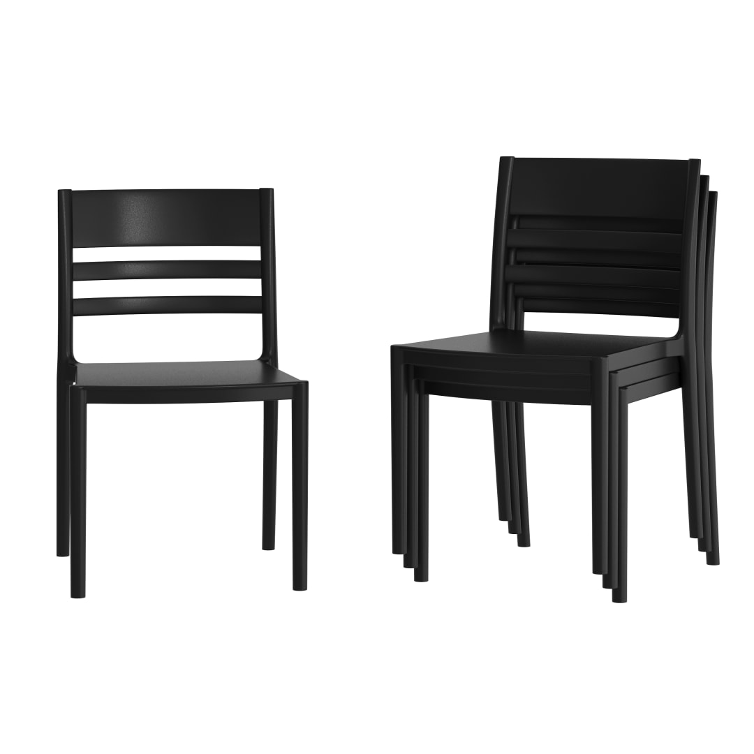 Bridgeport Set of 4 Indoor-Outdoor Stacking Patio Chairs with Slatted Backrest, Commercial All-Weather Resin Chairs in Black