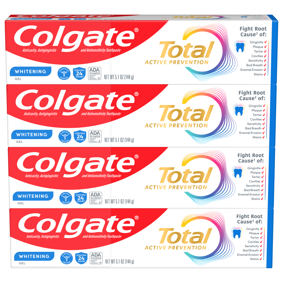 Colgate Total Active Prevention Whitening Gel Toothpaste, Mint, 4 Pack, 5.1 oz