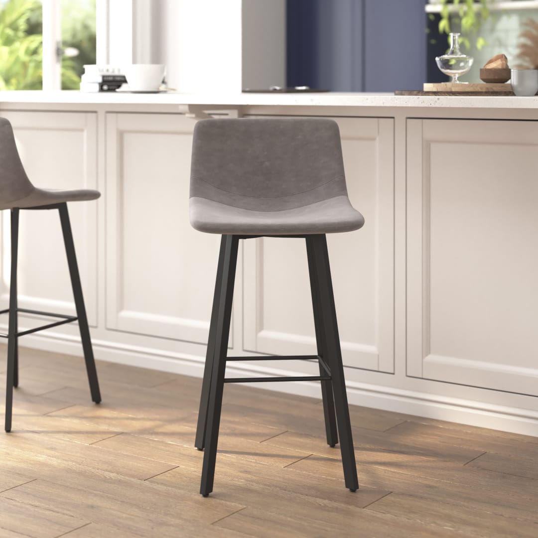 Caleb Modern Armless 30 Inch Bar Height Commercial Grade Barstools with Footrests in Gray LeatherSoft and Black Matte Iron Frames, Set of 2