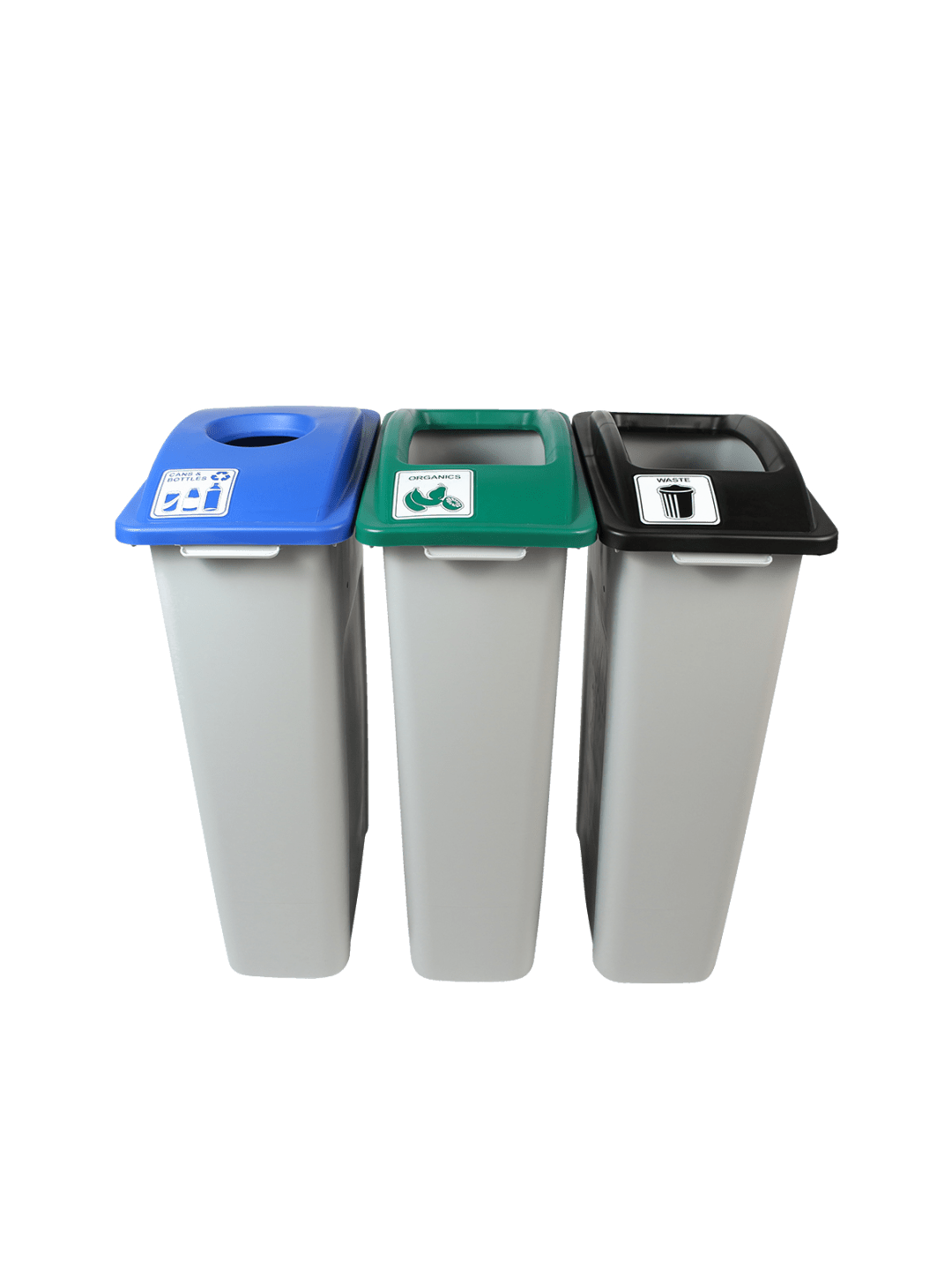 WASTE WATCHER - Triple - Kit - Cans &amp; Bottles-Organics-Waste - Circle-Full - Grey-Blue-Green-Black
