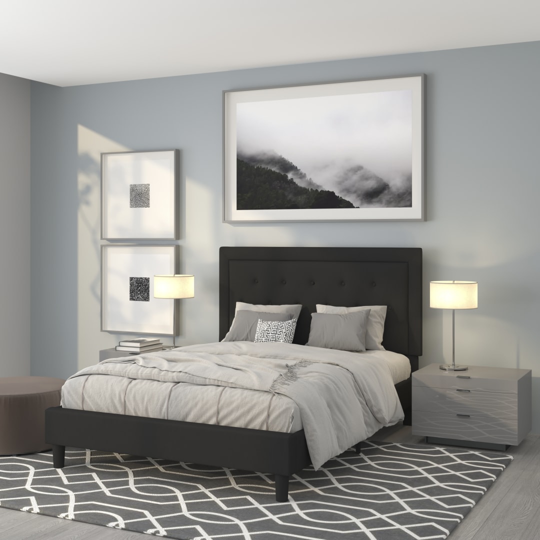 Roxbury Queen Size Tufted Upholstered Platform Bed in Black Fabric