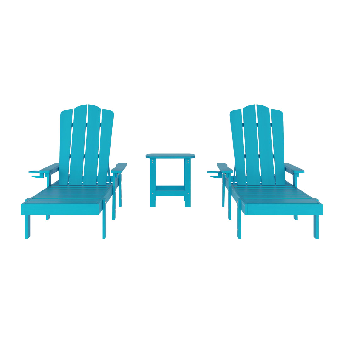 Sonora Commercial Grade 3 Piece Indoor/Outdoor Adirondack Set with 2 Adjustable HDPE Loungers with Cup Holders and 2-Tier Side Table in Blue