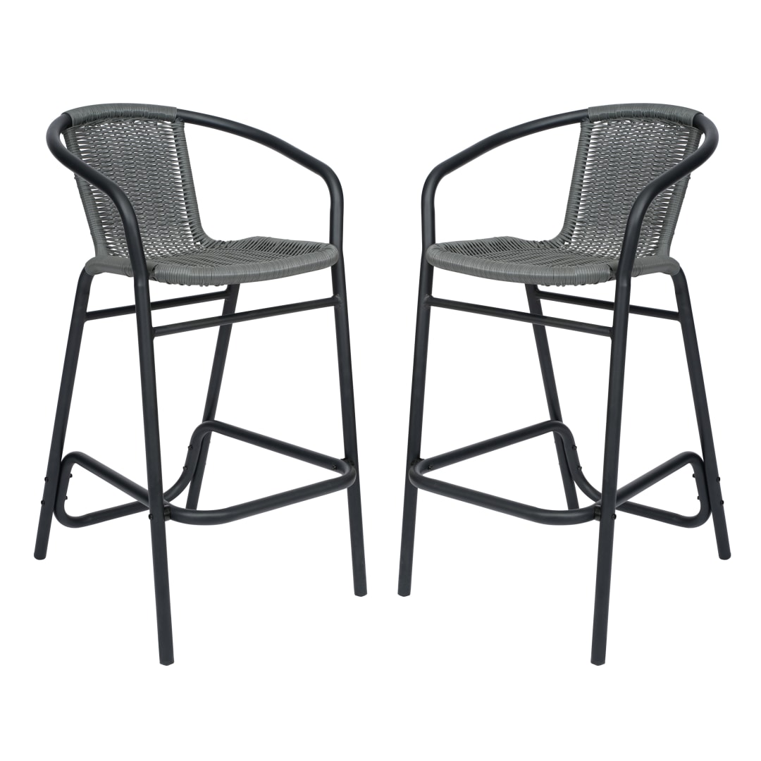 Lila Set of 2 Commercial Grade Indoor-Outdoor PE Rattan Restaurant Barstool with Black Aluminum Frame and Footrest in Gray