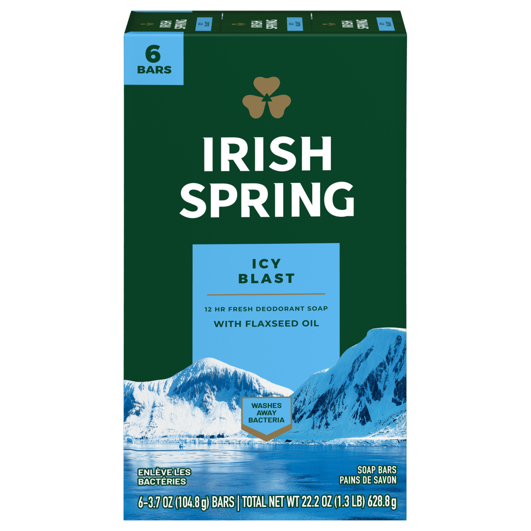 Pain de savon désodorisant Irish Spring Icy Blast pour homme, Avec huile de lin, Savon désodorisant offrant 12 heures de fraîcheur, Pain de 104,8 g (lot de 6)