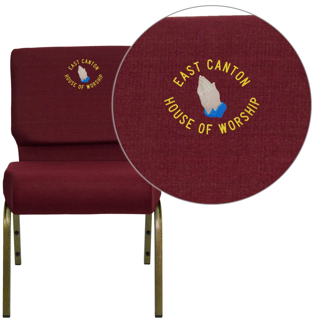Embroidered HERCULES Series 21''W Stacking Church Chair in Burgundy Fabric - Gold Vein Frame
