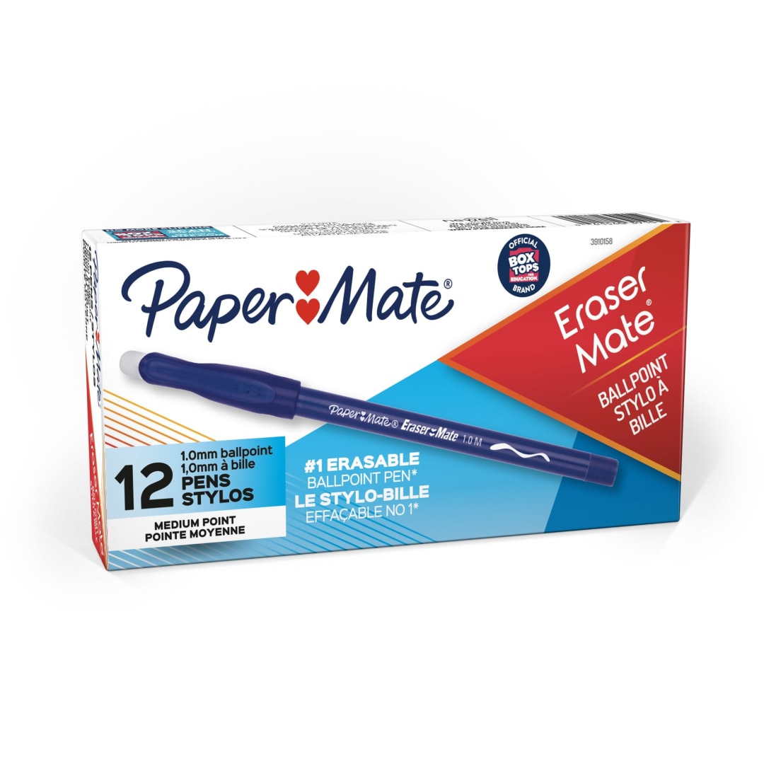 Paper Mate® EraserMate® Erasable Pen, Medium Point, Blue, Box of 12