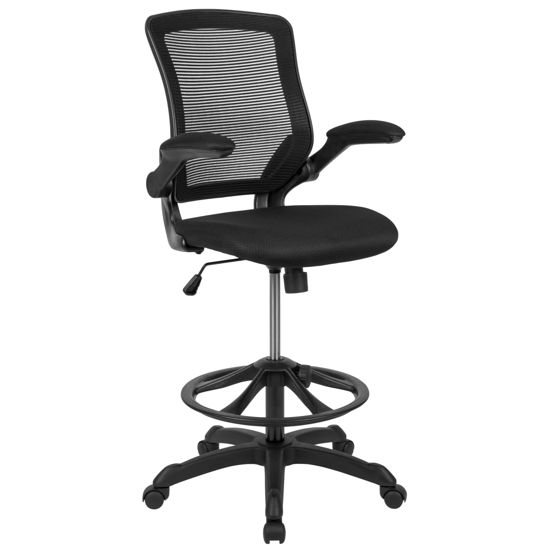 Kale Mid-Back Black Mesh Ergonomic Drafting Chair with Adjustable Foot Ring and Flip-Up Arms