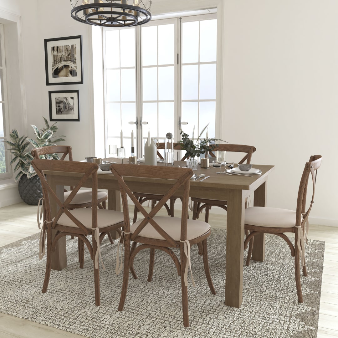 HERCULES 60" x 38" Antique Rustic Farm Table Set with 6 Cross Back Chairs and Cushions