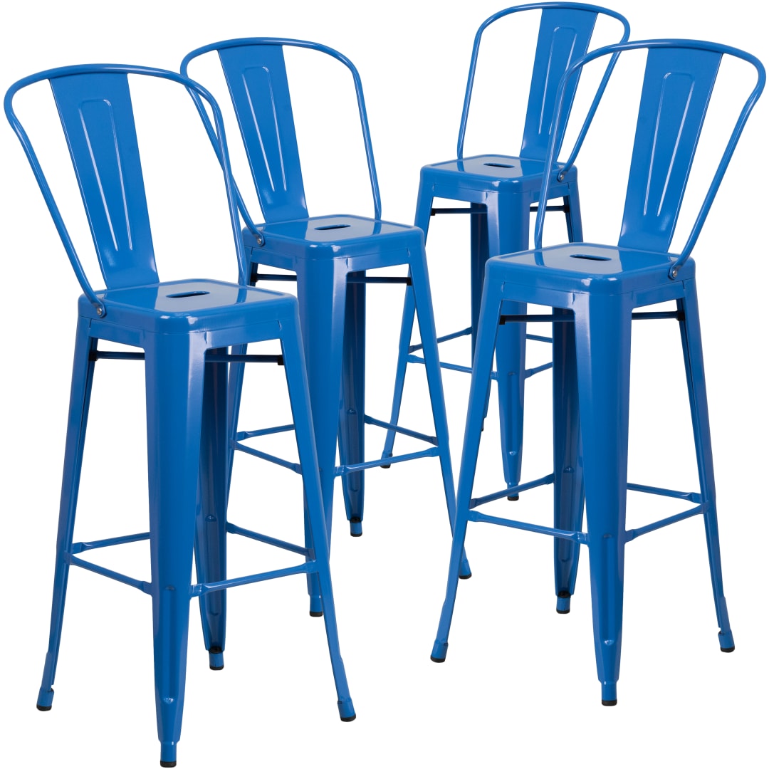Lily Commercial Grade 4 Pack 30" High Blue Metal Indoor-Outdoor Barstool with Removable Back