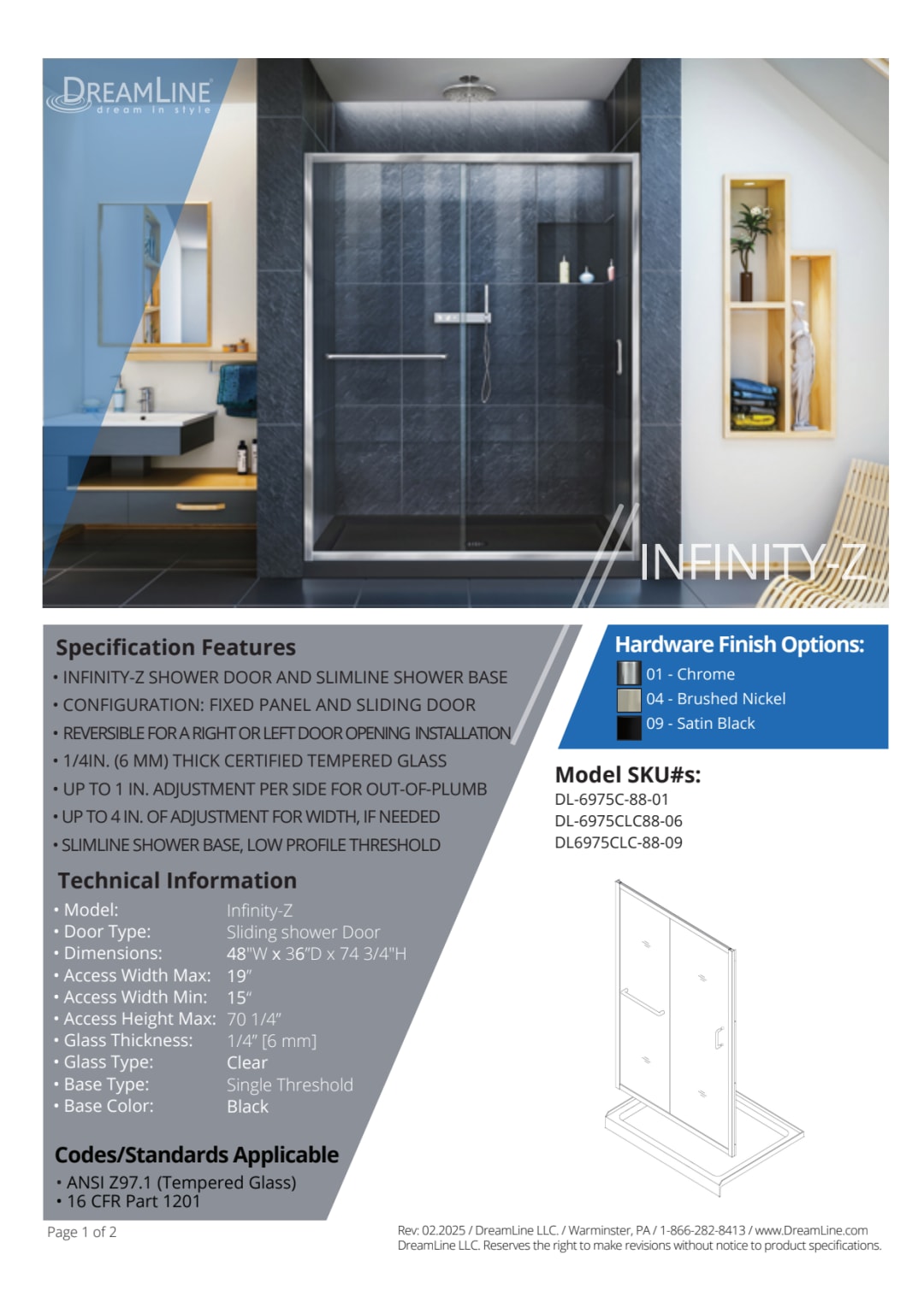 DreamLine Infinity-Z 36 inch D x 48 inch W x 74 3/4 inch H Semi ...