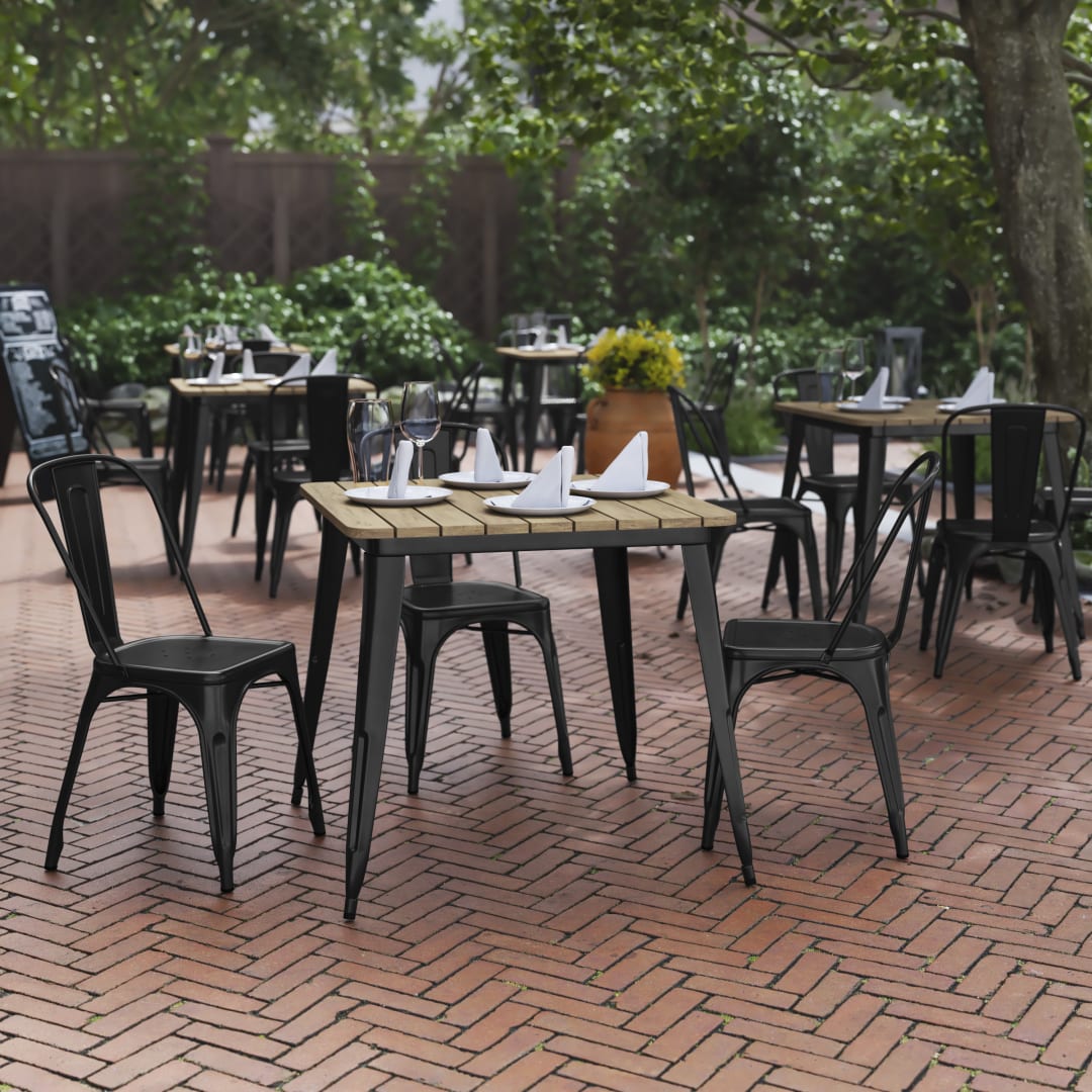 Declan Commercial Grade Indoor/Outdoor Dining Table, 31.5" Square All Weather Brown Poly Resin Top with Black Steel Base