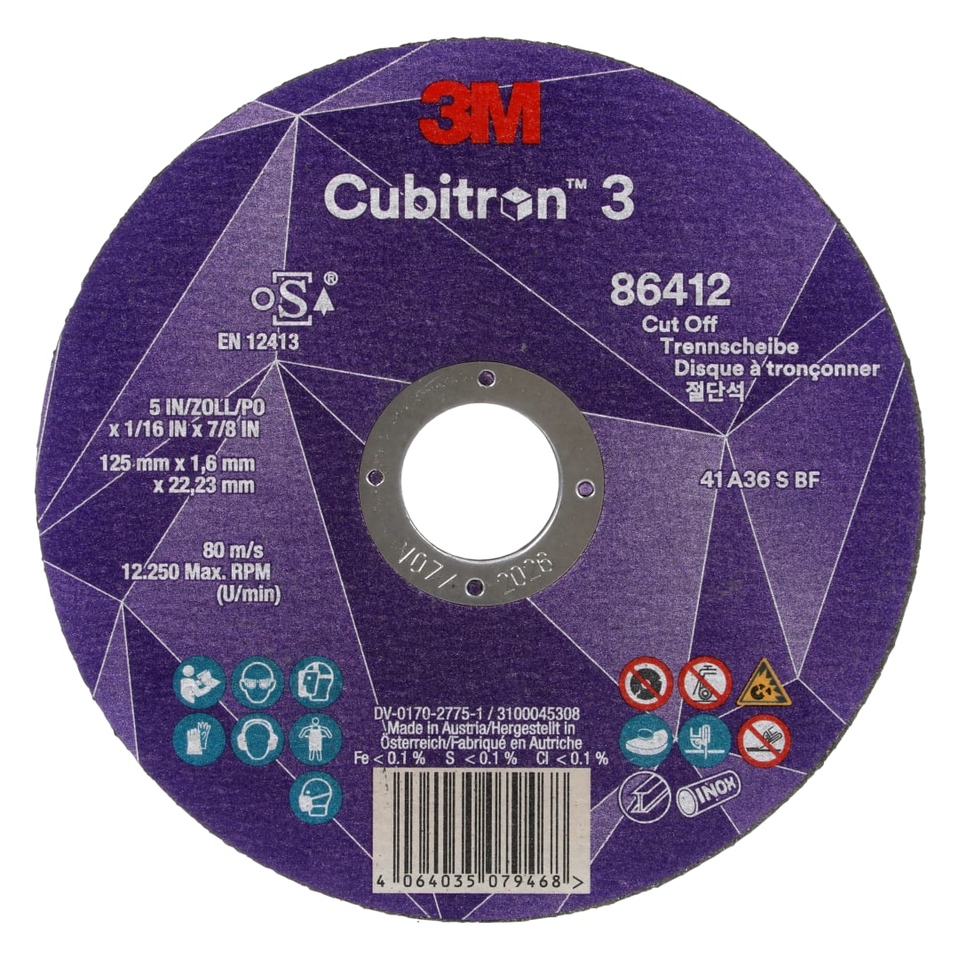 3M™ Cubitron™ 3 Kesme Taşı, 86412, 36+, T41, 125 mm x 1,6 mm x 22,23 mm, EN, 25/Paket, 50 adet/Kutu