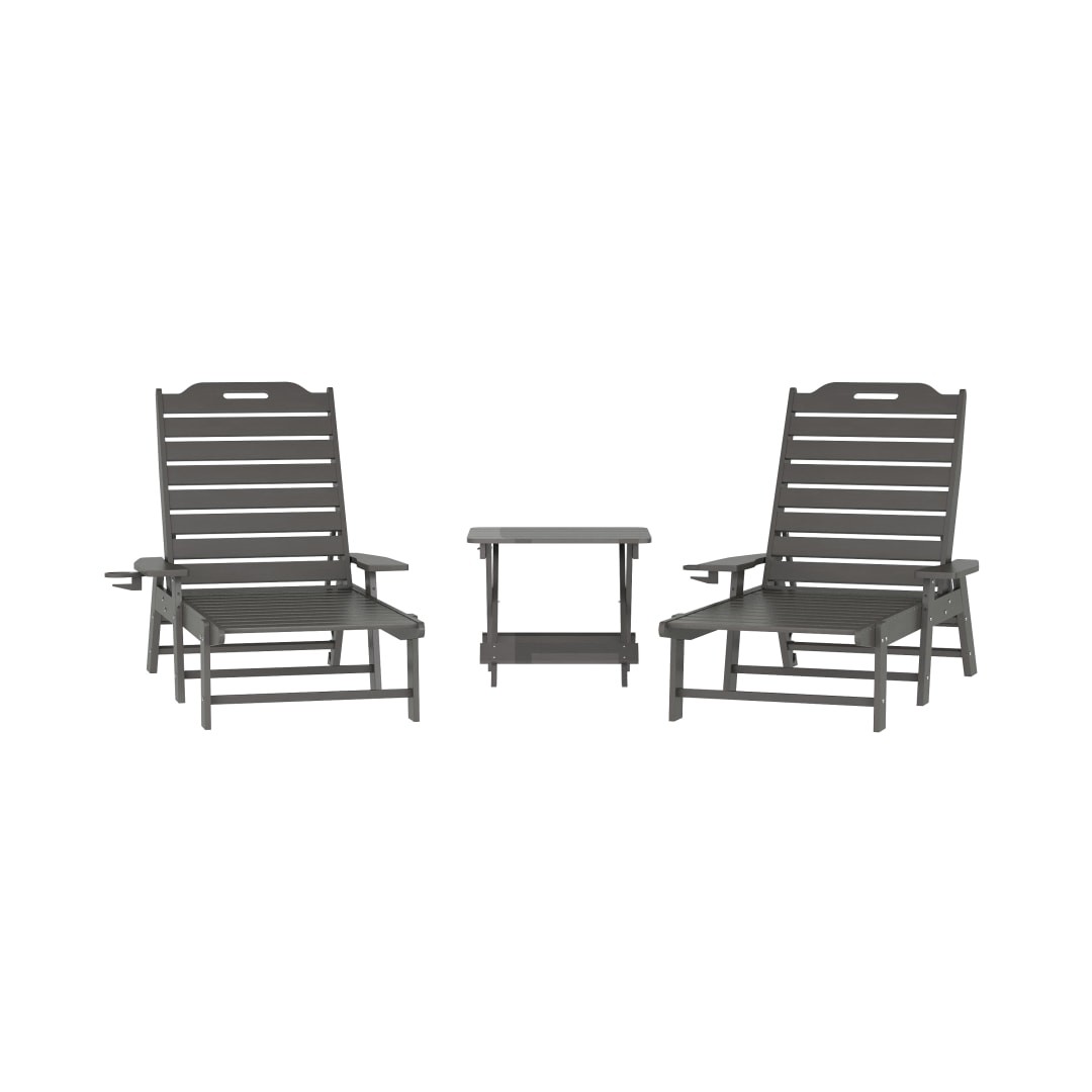 Monterey Commercial Grade 3-Piece Indoor/Outdoor Adirondack Set with 2 Adjustable HDPE Loungers with Cup Holders and Folding Side Table in Gray