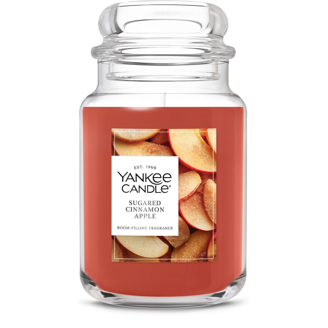 Yankee Candle Large Jar Scented Candle with up to 150 Hour Burn Time, Premium Plant Wax Blend for Consistent Burn, 22 oz Jar Candle with Room Filling Fragrance, Sugared Cinnamon Apple