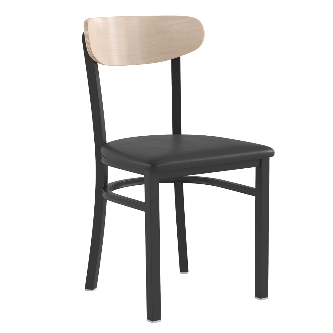 Wright Commercial Dining Chair with 500 LB. Capacity Black Steel Frame, Natural Birch Finish Wooden Boomerang Back, and Black Vinyl Seat