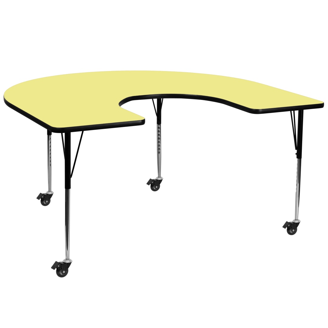 Wren Mobile 60''W x 66''L Horseshoe Yellow Thermal Laminate Activity Table - Standard Height Adjustable Legs
